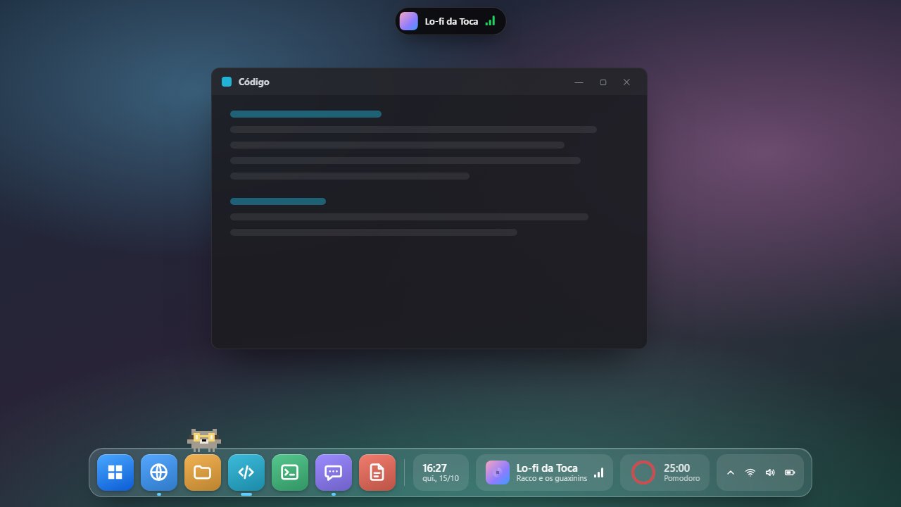 A Toca no Windows: o dock com o Racco, os widgets e a Ilha